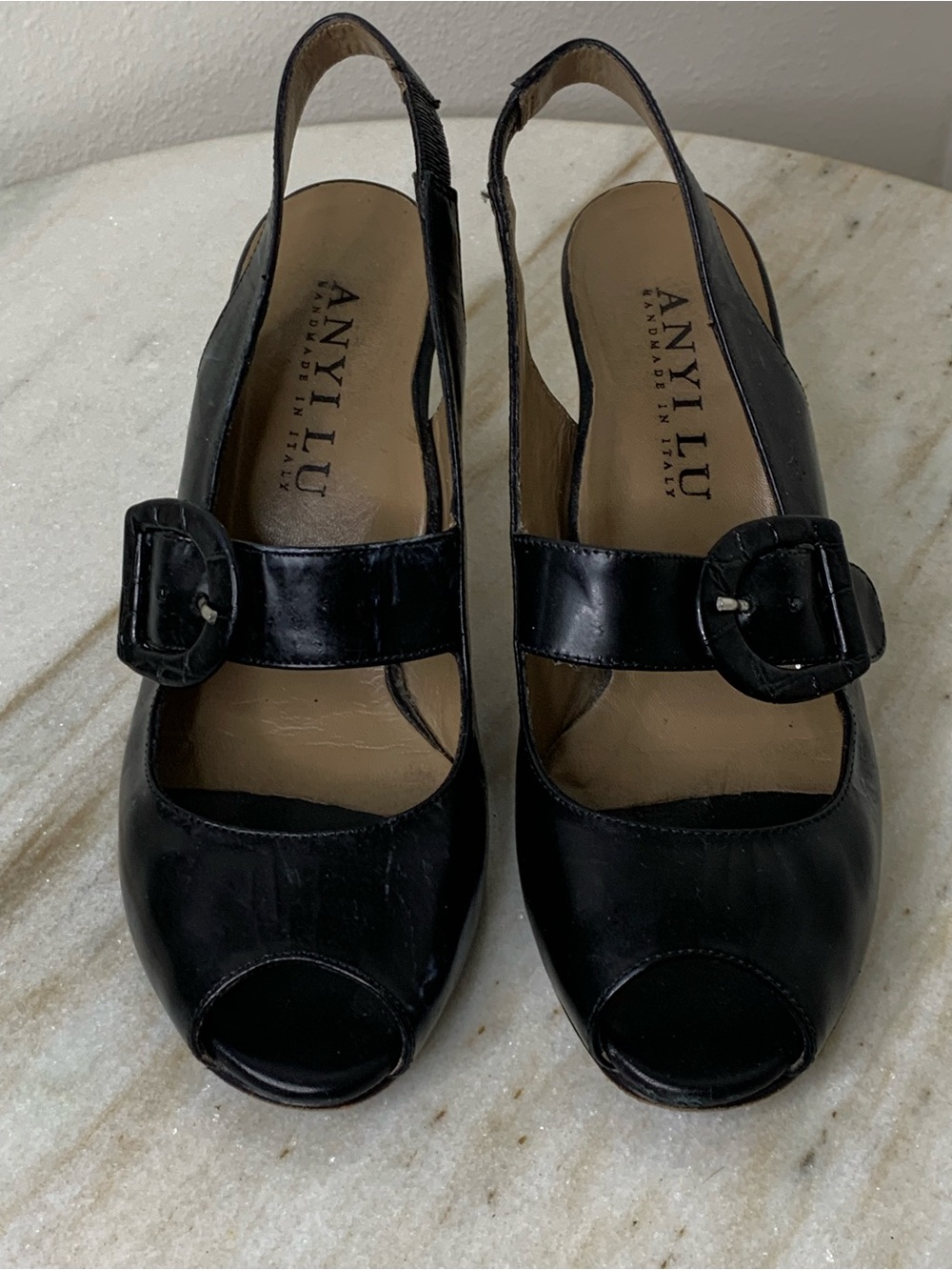 Anyi Lu heels patent Leather 6.5 black Peep-Toe Slingback Heels with Buckle